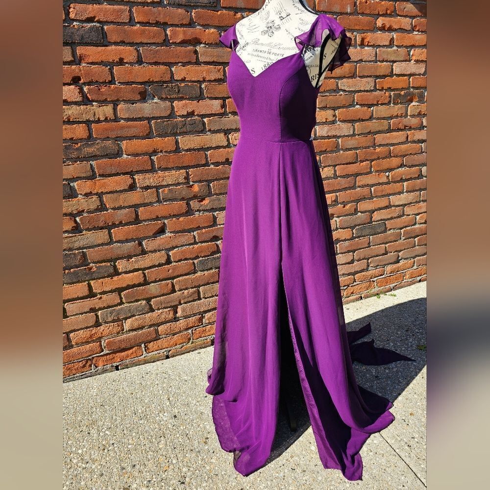 Azazie Ruffle Sleeve Burgandy Chiffon Floor Length Dress